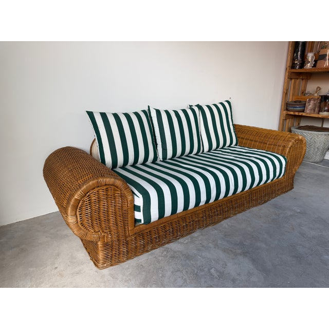1970s Vintage Coastal Organic - Rattan Sofa With Rolled Arms & Striped Cushions For Sale - Image 4 of 18
