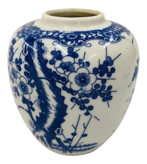 Vintage Blue and White Cherry Blossom Jar Marked Japan