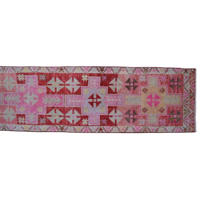 Vibrant Turkish Runner 2x12 Long Narrow Rug Vintage Pink Hallway Oriental Carpet For Sale - Image 12 of 15