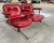 Vladimir Kagan for Chromcraft style two seat tandem airport style bench with end table, featuring red vinyl upholstery,...