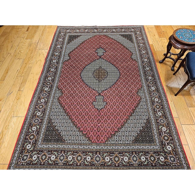 Persian Antique Tabriz Mahi Rug, Hand-Knotted Wool & Silk, Herati Geometric Pattern, Red & Ivory, 7x10 For Sale - Image 3 of 17