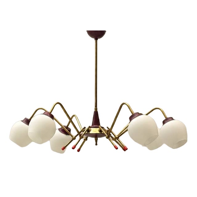 Sputnik Ceiling Light with Brass Frame and Opal Glass, 1950s For Sale