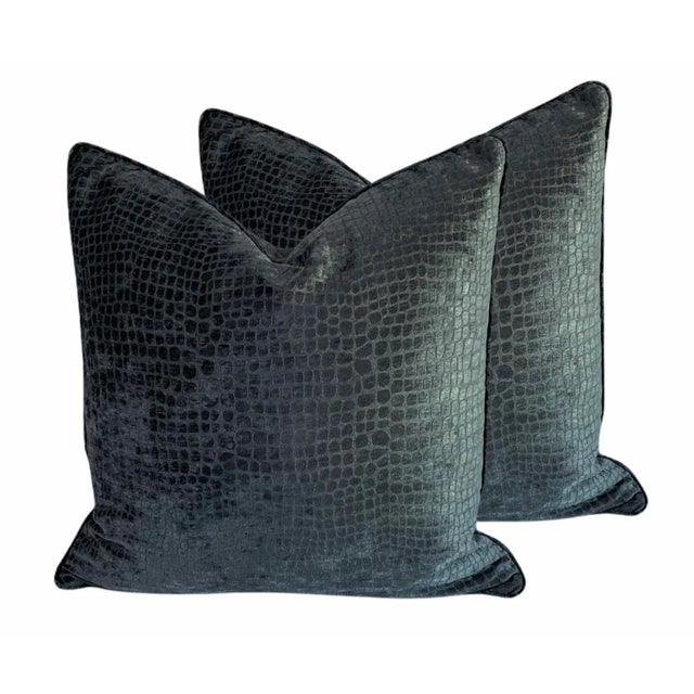 Mid-Century Modern Early 21st Century Charcoal Grey Alligator Scale Velvet Pillows- a Pair For Sale - Image 3 of 3