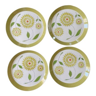 1960s Retro Avocado Green Floral Plates by Mikasa - Set of 4 For Sale