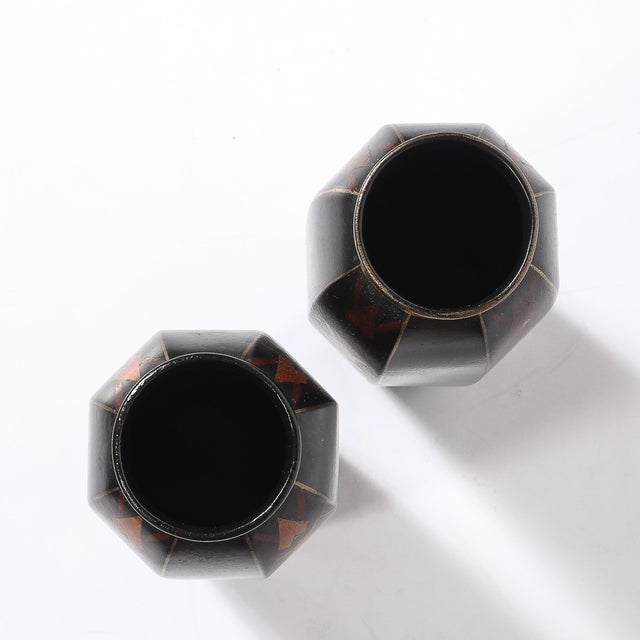 Pair of Art Deco Ceramic Vases W/ Geometric Motifs Signed Faincerie St Ghislain For Sale - Image 10 of 14