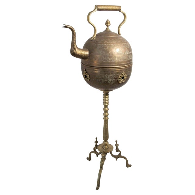 Monumental Moroccan Engraved Brass Tea Kettle on Stand For Sale - Image 10 of 17