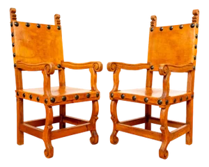 Set of Studded Tan Leather Throne Chairs, 1980