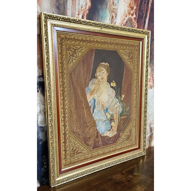 After Greuze, Depicting a Young Woman at a Window, 1920s, Fabric, Framed For Sale - Image 3 of 6