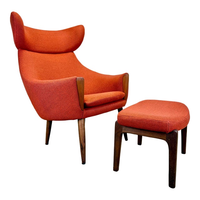 Mid Century Scandinavian Modern Hans Wegner Style Wingback Lounge Chair and Ottoman For Sale