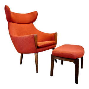 Mid Century Scandinavian Modern Hans Wegner Style Wingback Lounge Chair and Ottoman