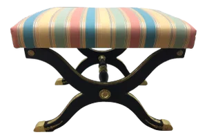 1920s Vintage Hollywood Regency Painted X-Base Stool | Ottoman