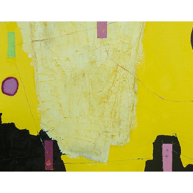 Original abstract oil painting on canvas, 36x36 inches. Layered warm yellow and soft neutrals with deep navy accents and...