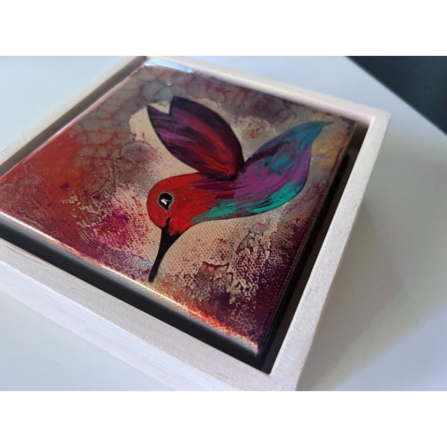 Contemporary Hummingbird #4 by Ana Hefco | Tinted Layered Resin on Stretched Canvas Hummingbird in vibrant colors For Sale - Image 3 of 4