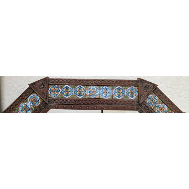 Circa 2005 Mexican Bronzed Hojalata (Tin Art Work) & Talavera Tile Mirror - Hangs Vertically or Horizontally For Sale - Image 10 of 14