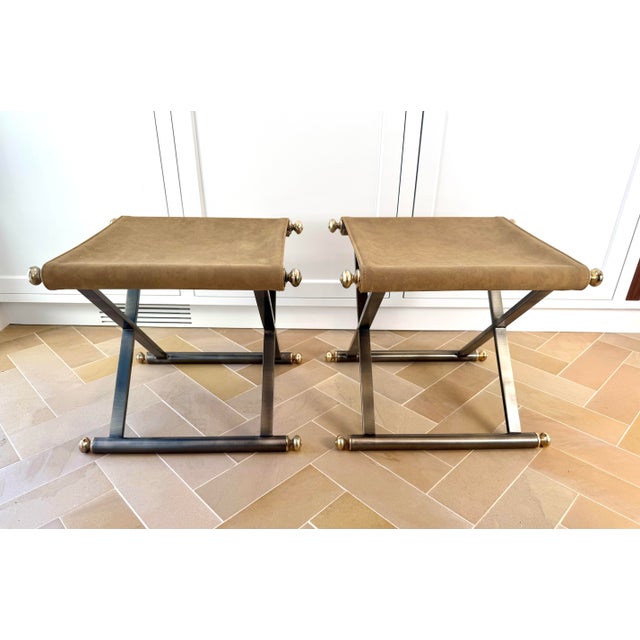Maison Jansen Pair of Late 20th Century Maison Jansen Style Brushed Steel, Brass and Nubuck Leather X-Frame Stools For Sale - Image 4 of 9