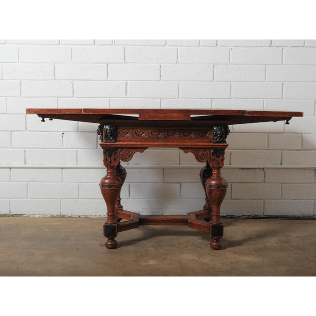 Traditional Antique Renaissance Revival Extendable Oak Table With Carved Masks and Ornate Detailing For Sale - Image 3 of 9