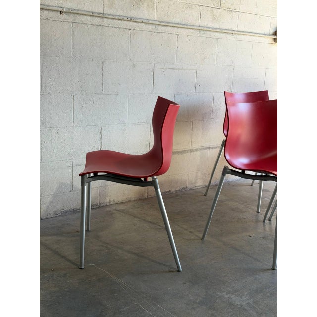 Red Philippe Starck Red Stacking Chairs Set of 6 Molded Plastic and Aluminum 1990s For Sale - Image 8 of 14