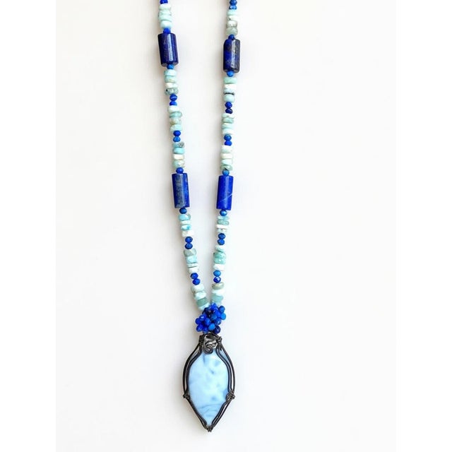 2020s Organic Modern Artisan Larimar, Lapis Lazuli & Herkimer Diamond Sterling Silver Statement Necklace For Sale - Image 5 of 17