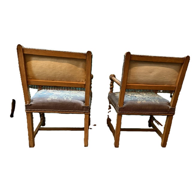 Wood Pair of Early 20th Century Barley Twist Armchairs Covered in Floral Tapestry Style For Sale - Image 7 of 14
