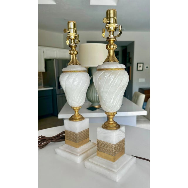 Pair French Gilt Alabaster Table Lamps For Sale - Image 4 of 12