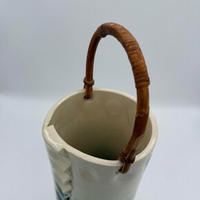 1990s Signed 1992 Studio Pottery Vase With Bamboo Handle, Organic Modern Ceramic Vessel, Handcrafted Art Pottery, Neutral Glaze Cylinder For Sale - Image 5 of 11