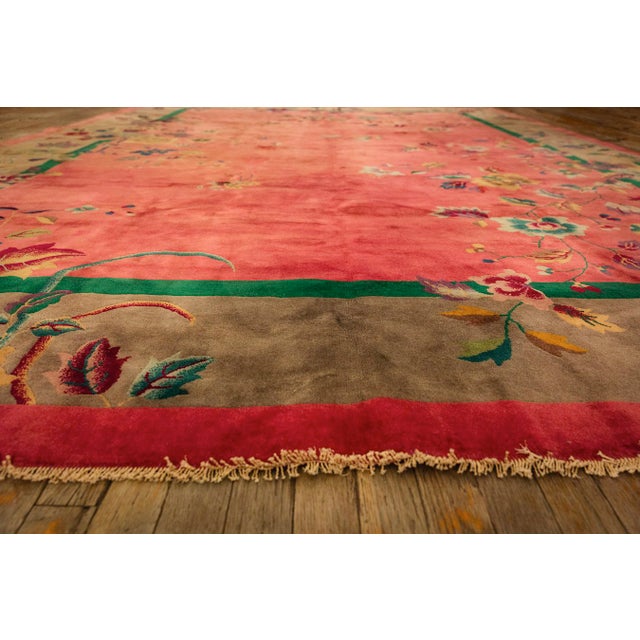 Art Deco 1920s Antique Pink Floral Open Field Modernist Knotted Wool Chinese Art Deco Rug For Sale - Image 3 of 9