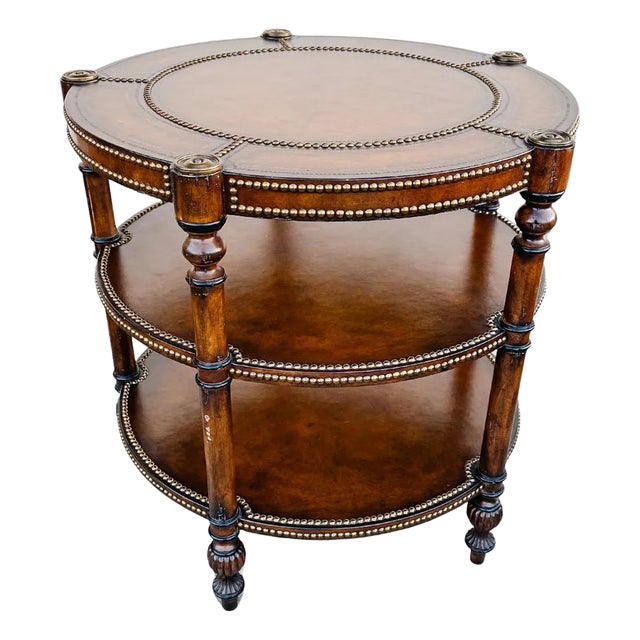 Leather and Brass Round Center Table Attr. To Maitland-Smith For Sale