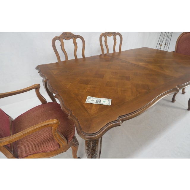 Brown Country French Parquetry Top Table 6 Dining Chairs 2X22" Extension Board Leafs For Sale - Image 8 of 17