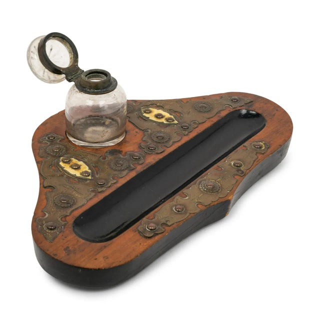 French Antique Napoleon III Walnut Brass & Cut Crystal Inkwell For Sale - Image 3 of 4