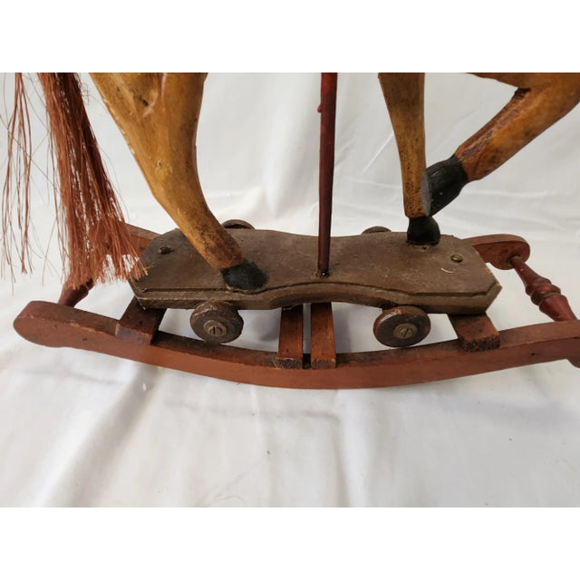 Vintage 1950's Wooden Hand Craved Carousel Rocking Horse With Horsehair Tail For Sale - Image 11 of 12