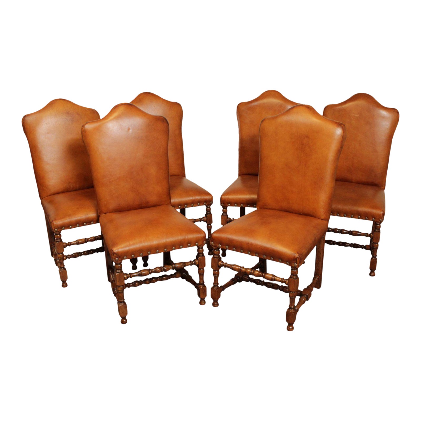 Spanish Colonial Style Custom Quality Set 6 Walnut & Leather Dining