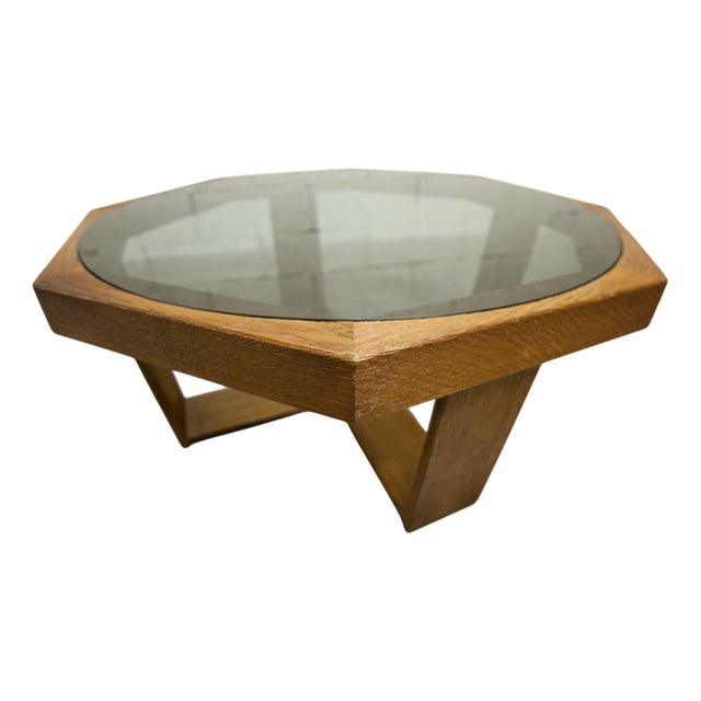 Hexagonal Table in Oak and Smoked Glass, 1970s For Sale