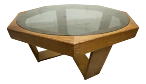 Hexagonal Table in Oak and Smoked Glass, 1970s