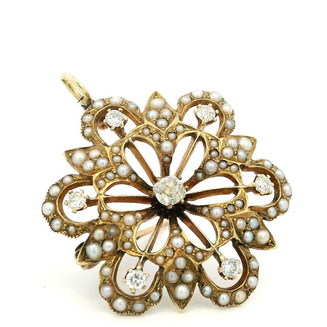Late 19th Century Victorian 14k Gold Diamond and Seed Pearl Convertible Pendant Brooch For Sale - Image 15 of 17