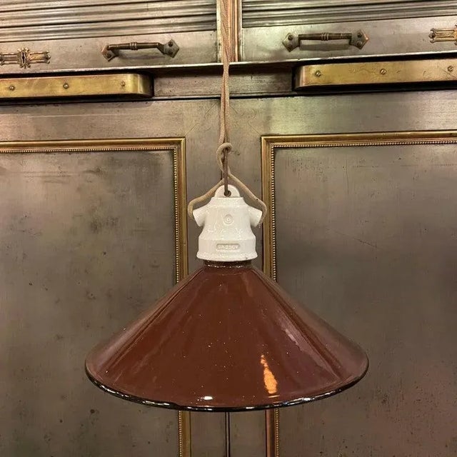 Ceramic 1920s Industrial Brown Enamel Cone Factory Pendant Light For Sale - Image 7 of 10