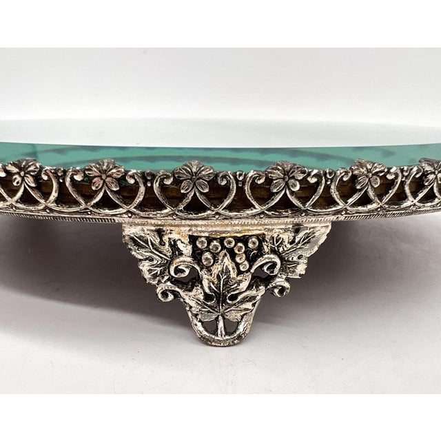 Metal 8" Vintage Round Mirrored Plateau Tray With Ornate Silver-Tone Gallery – Hollywood Regency / Neoclassical For Sale - Image 7 of 15