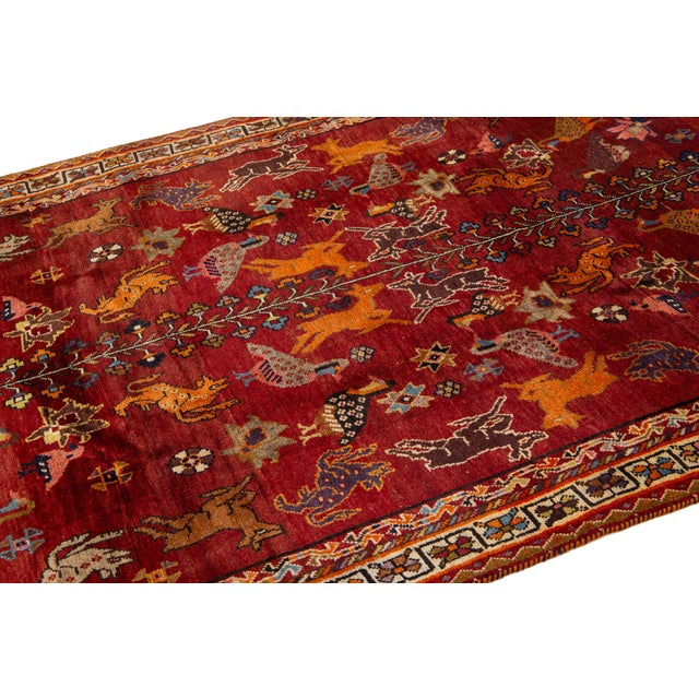 Persian Pictorial Designed Vintage Shiraz Persian Wool Rug in Red For Sale - Image 3 of 8