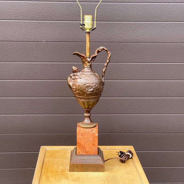Metal Vintage Classical Style Bronze Pitcher on Marble Base Tall Table Lamp For Sale - Image 7 of 13