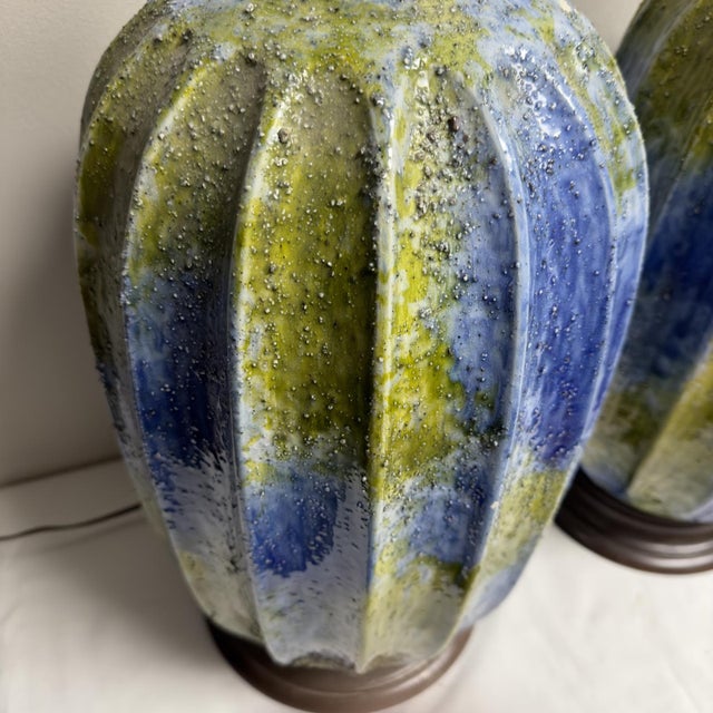 Mid-Century Ceramic Lamps Blue Green Textured Large Scale Table Lamps-A Pair For Sale - Image 4 of 4