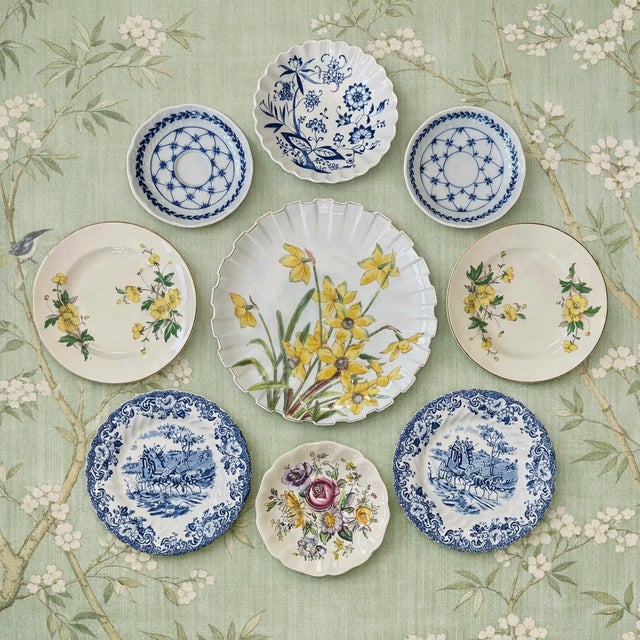 Blue and Yellow Antique Wall Plate Decor - Set of 9 For Sale - Image 16 of 16