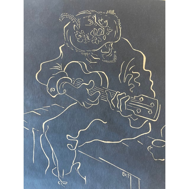 1970s “Luta" Limited Edition Linocut Print by Belsky, Numbered 62/100, Hand Signed With Fingerprint, Modern Figurative Guitarist Portrait For Sale - Image 9 of 10