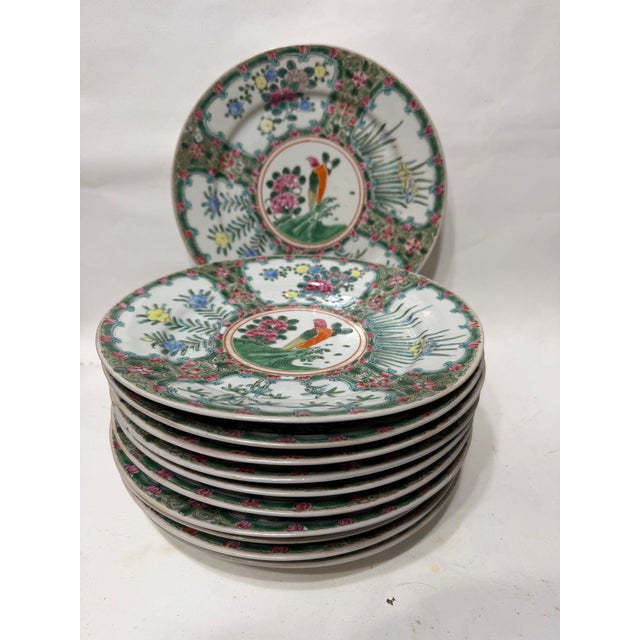 Chinese Export Famille Rose Medallion Porcelain Round Plate 9.5" Center of plate has painted peonies and a bird perched...