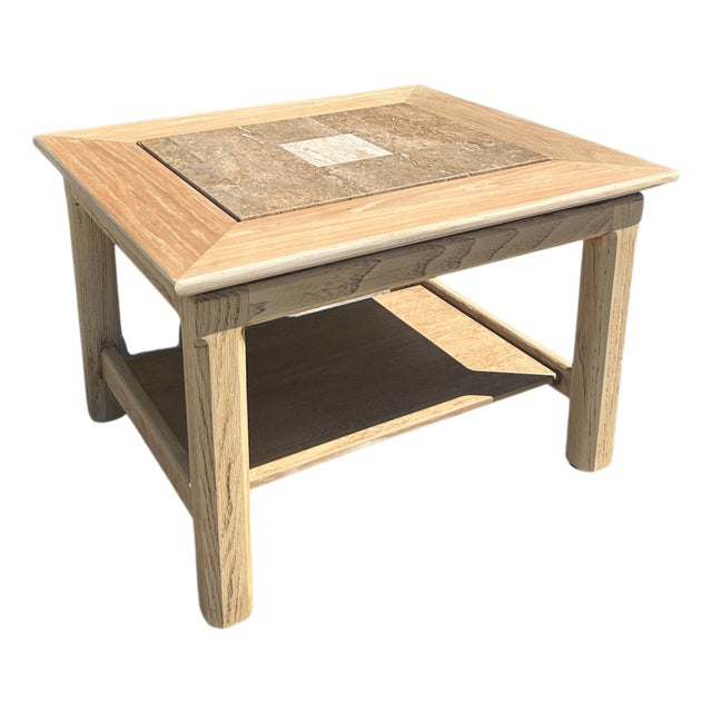 Vintage Wood Side Table With Inset Stone Top and Lower Shelf For Sale