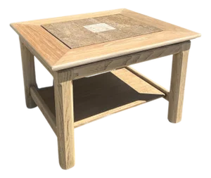 Vintage Wood Side Table With Inset Stone Top and Lower Shelf