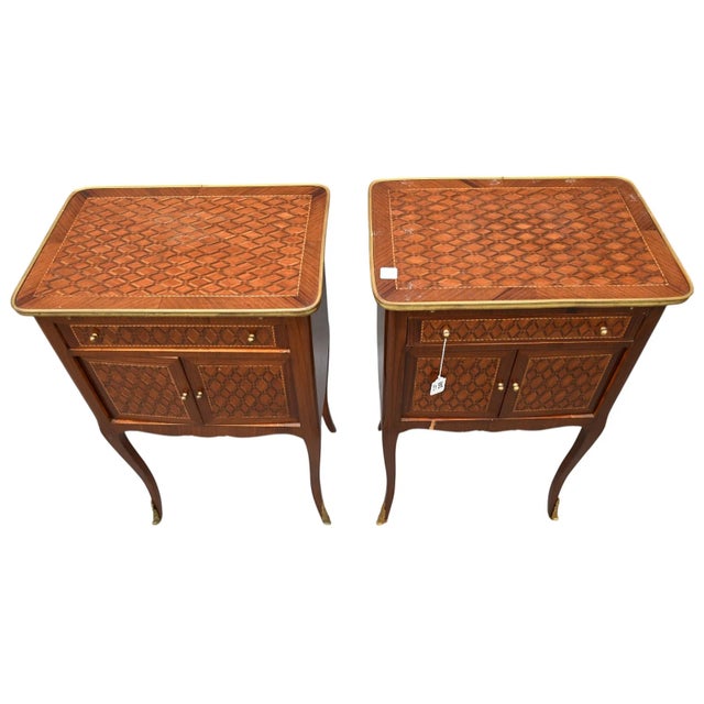 Pair French Side Tables, Marquetry Surface, Top, Sides, Drawer & Door Fronts For Sale - Image 4 of 6