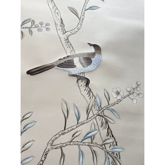 Chinoiserie Grey Chinoiserie Mural | 2-Panel Hand-Painted Floral & Bird Wallpaper For Sale - Image 3 of 6