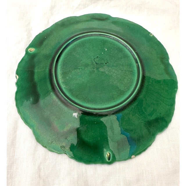 French Majolica Glazed Green Leaf Plate For Sale - Image 4 of 5