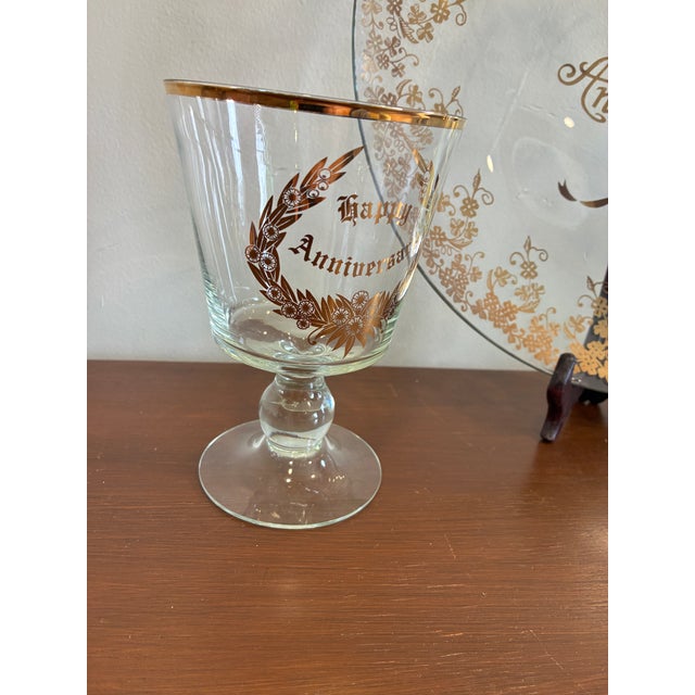 Vintage “Happy Anniversary” Gold Floral Glass Plate and Goblet Set For Sale - Image 9 of 9