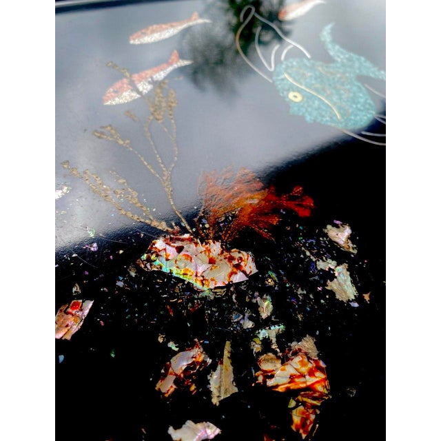 Black Vintage Couroc of Monterey Turquoise Angel Fish Tray With Genuine Abalone and Seaweed Inlay For Sale - Image 8 of 14