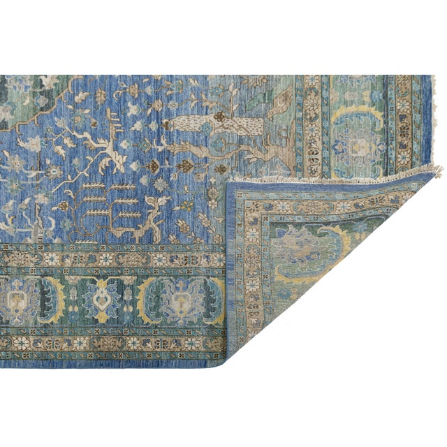 Modern Modern Tabriz Style Medallion Wool Area Rug – Vibrant Blue, Sage Green & Yellow For Sale - Image 3 of 12